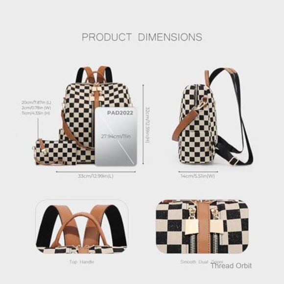 Checkered Canvas Backpack Purse for Women, 20L Capacity, Water Resistant Daypack main image 5